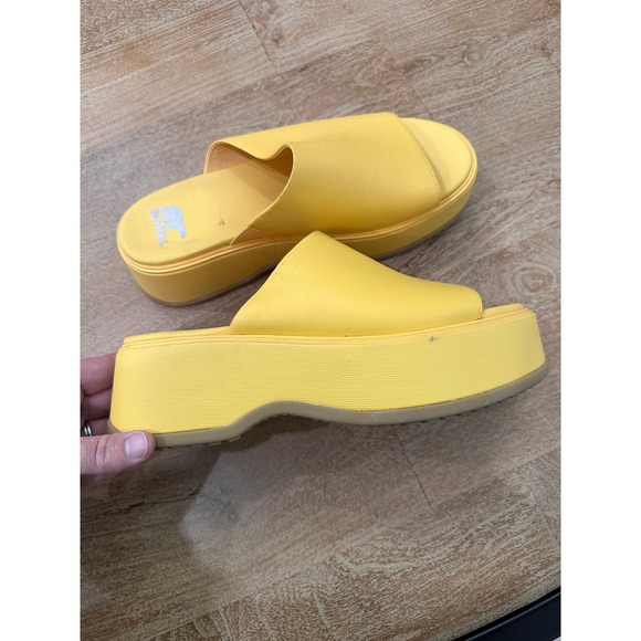 Sorel Viibe Platform Slide Sandals Yellow Leather Chunky Mule Womens - Picture 4 of 6